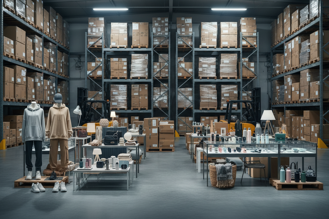 can you create an image of a wide array of trending prodcuts sitting in front of packages in a warehouse