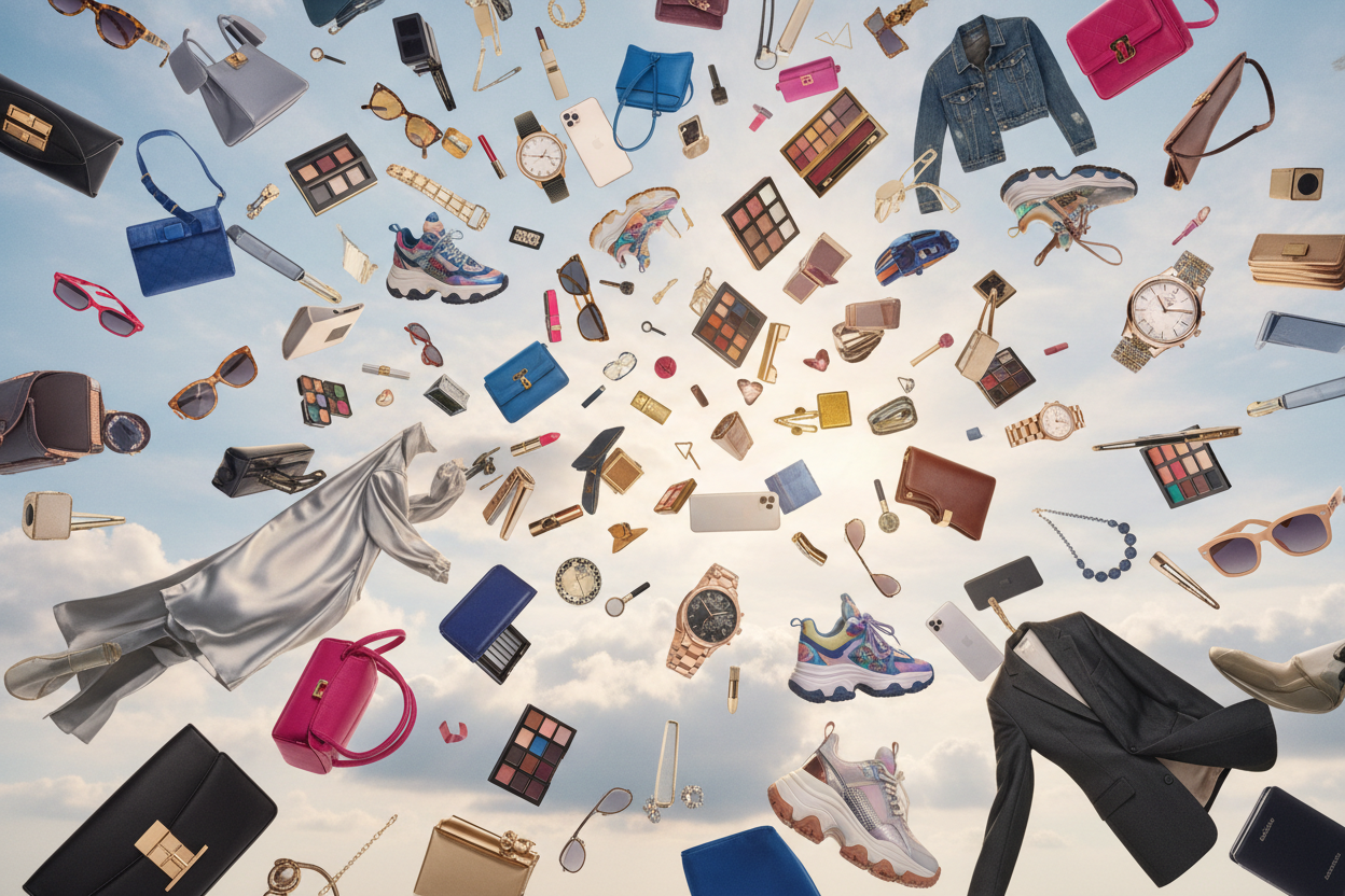 generate an image of plenty trnedy products falling from the sky