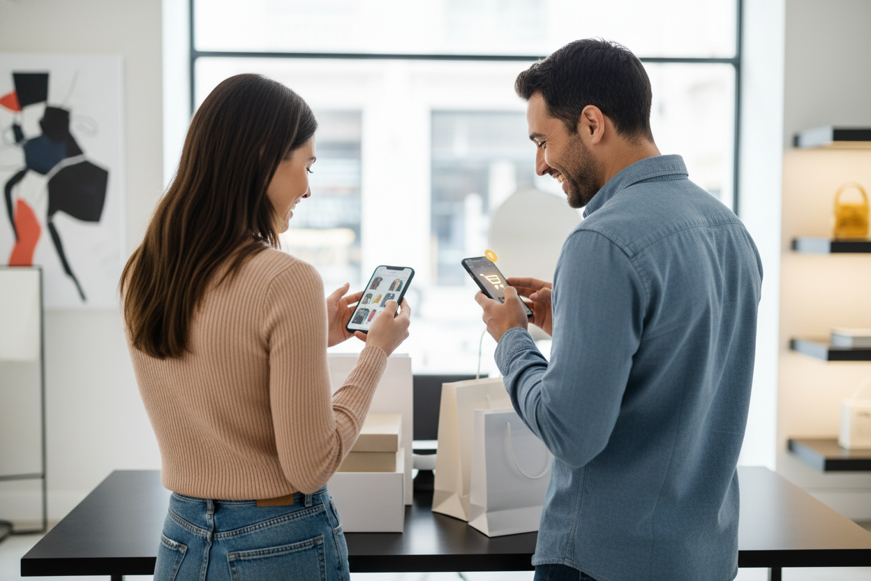 show an image of a man or a woman next to each other, view from the back, both looking happy and about to purchase a product on their phone